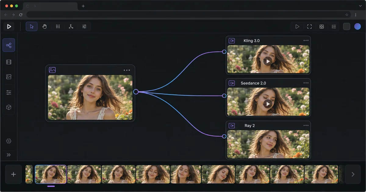 A still photograph being animated into a moving video clip on the Martini canvas, with the same source image fanned out across Kling, Seedance, and Ray 2 video nodes