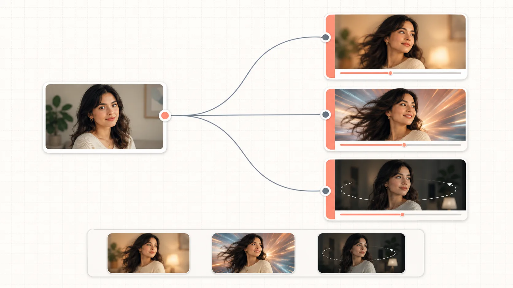 One source image node on the Martini canvas wired out to three video nodes labelled for Kling, Seedance, and Ray 2, each producing a separate animated take collected in a version tray below
