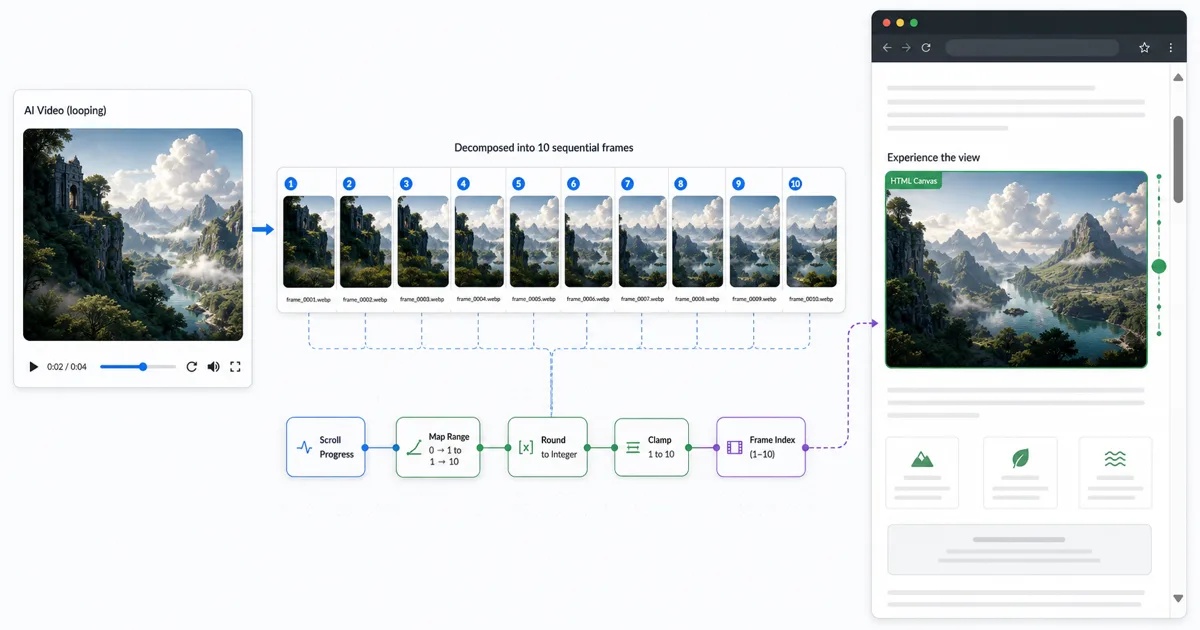 A WebP frame sequence extracted from an AI video, laid out across the Martini canvas and wired into a GSAP ScrollTrigger canvas scroll-scrub