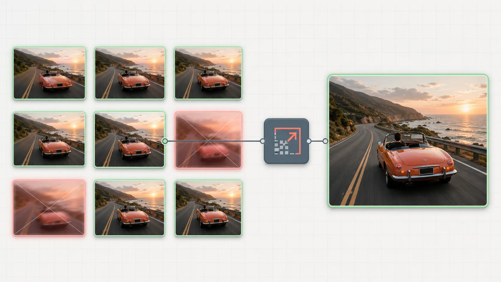 Extracted frames laid out on the Martini canvas during triage: crisp frames marked to keep, motion-blurred frames marked to discard, and one sharp hero frame wired into an upscaler tool node