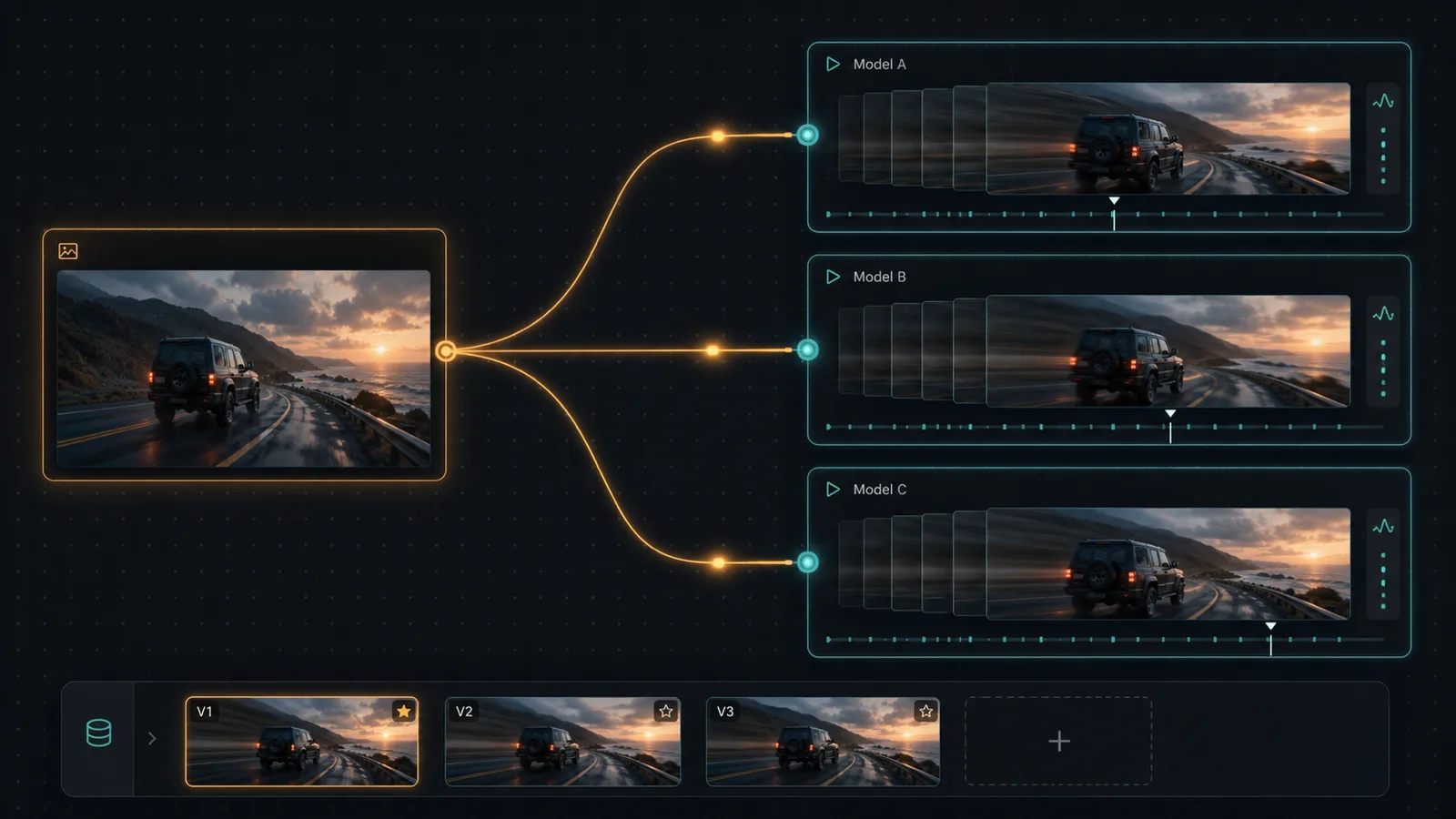 Illustrative animation of one source image fanned across three image-to-video nodes — Seedance 2, Kling 3, and Veo — running simultaneously on the Martini canvas with takes collected in a version tray