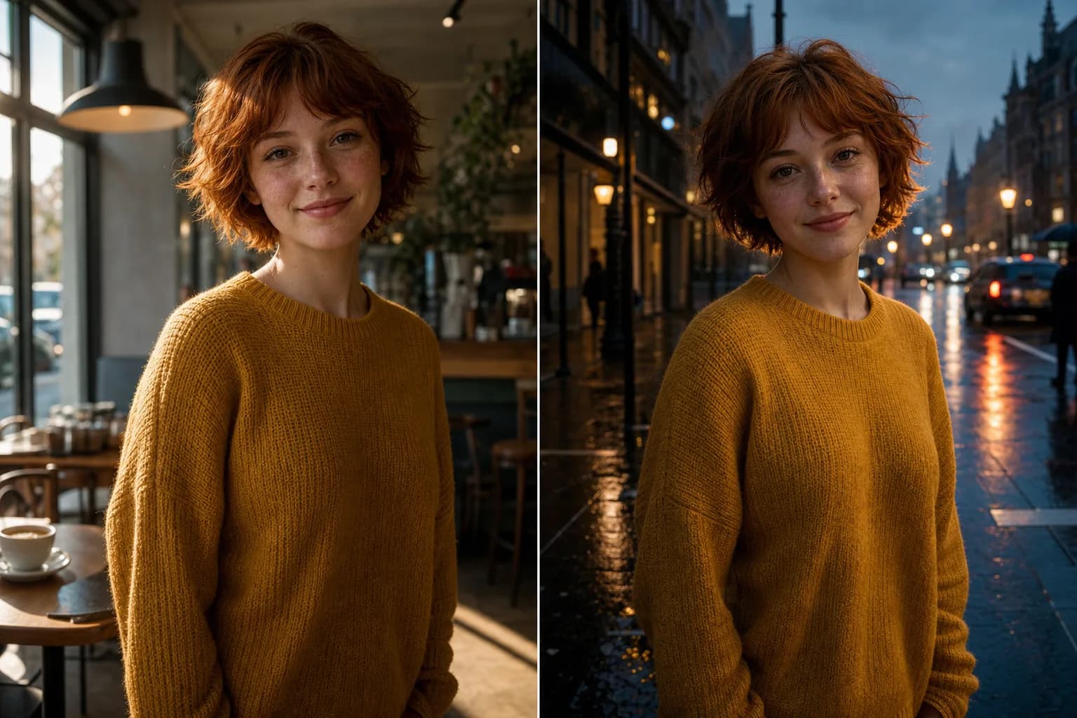 Illustrative sample of FLUX Kontext reference-based consistency on the Martini canvas — the same character rendered in two different scenes with matching face and outfit