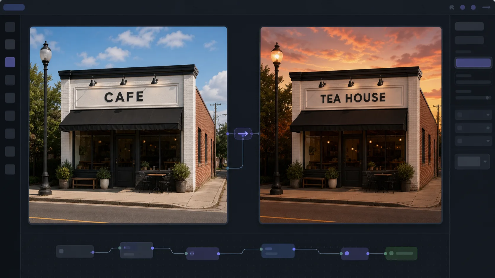 Illustrative sample of Qwen-Image instruction-based editing on the Martini canvas — a source photo with a background swapped and in-image text changed via a natural-language command