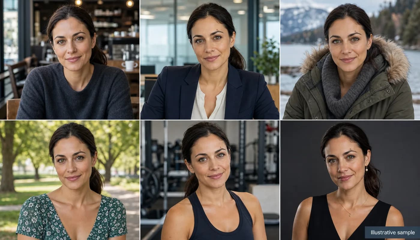 Illustrative sample: one AI character shown consistently across six outfits and scenes on the Martini canvas