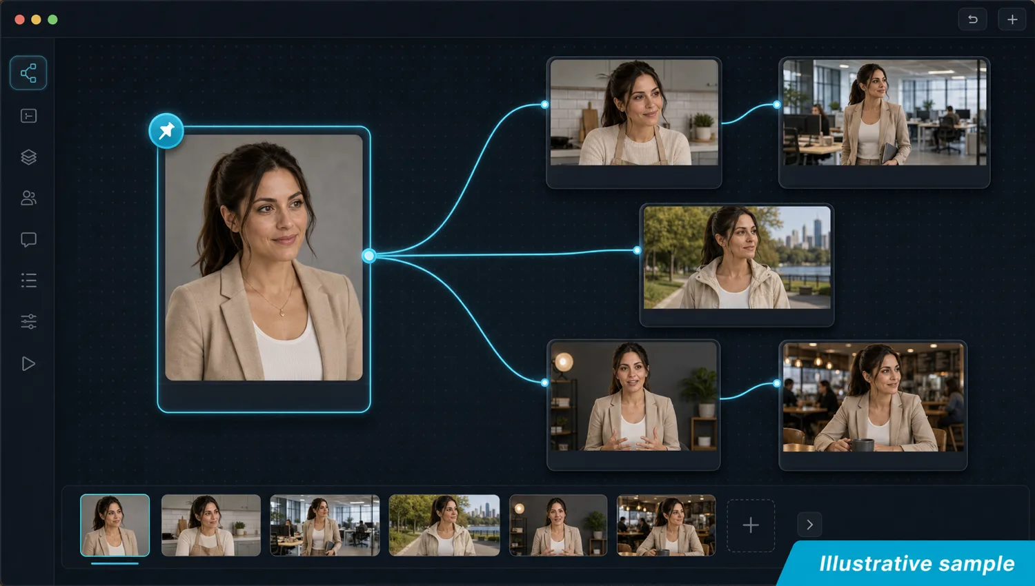 Illustrative sample: a single character node on the Martini canvas feeding multiple shot nodes that stay identity-consistent