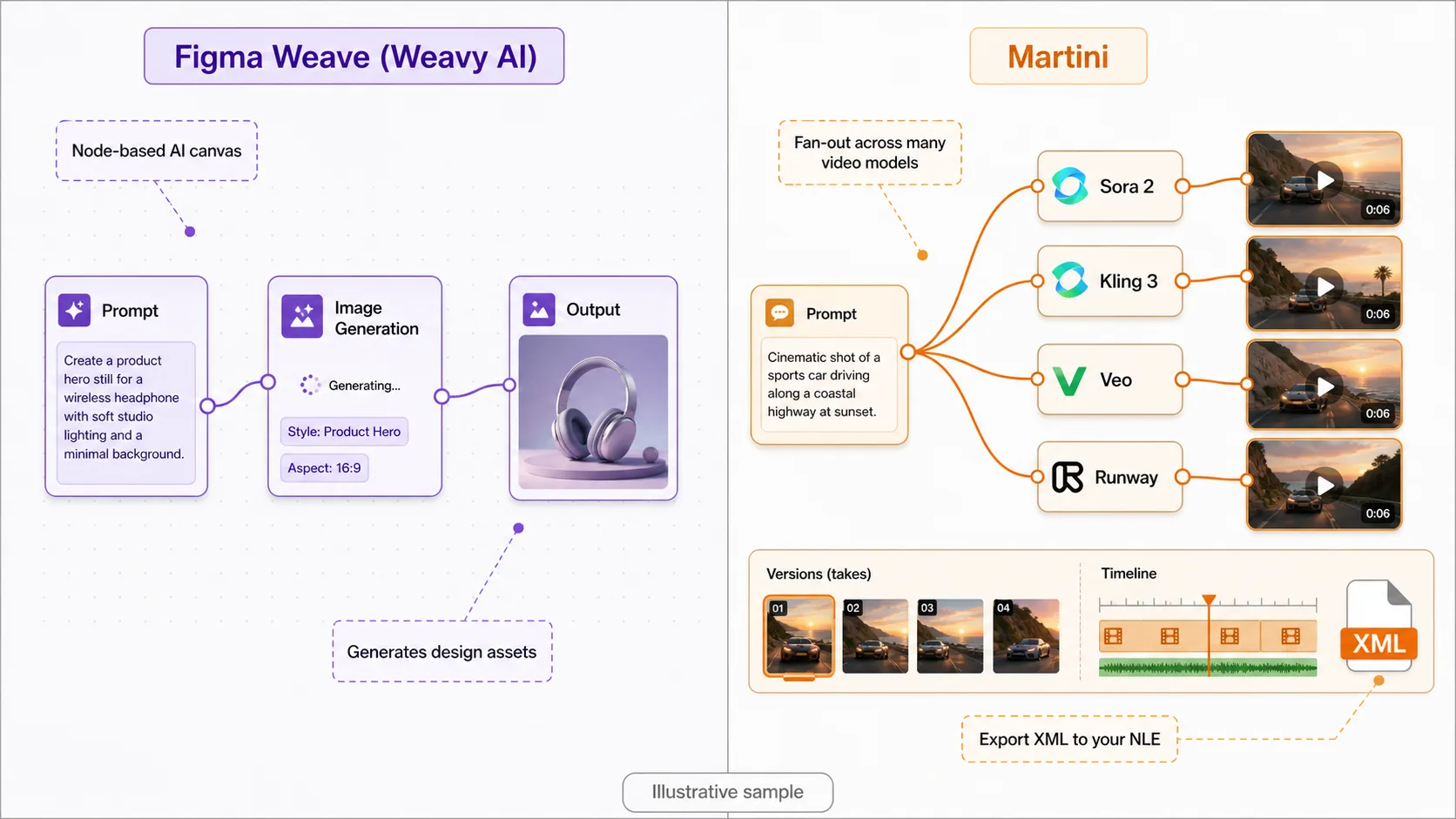 Annotated side-by-side of Figma Weave's node-based AI canvas and Martini's production node canvas