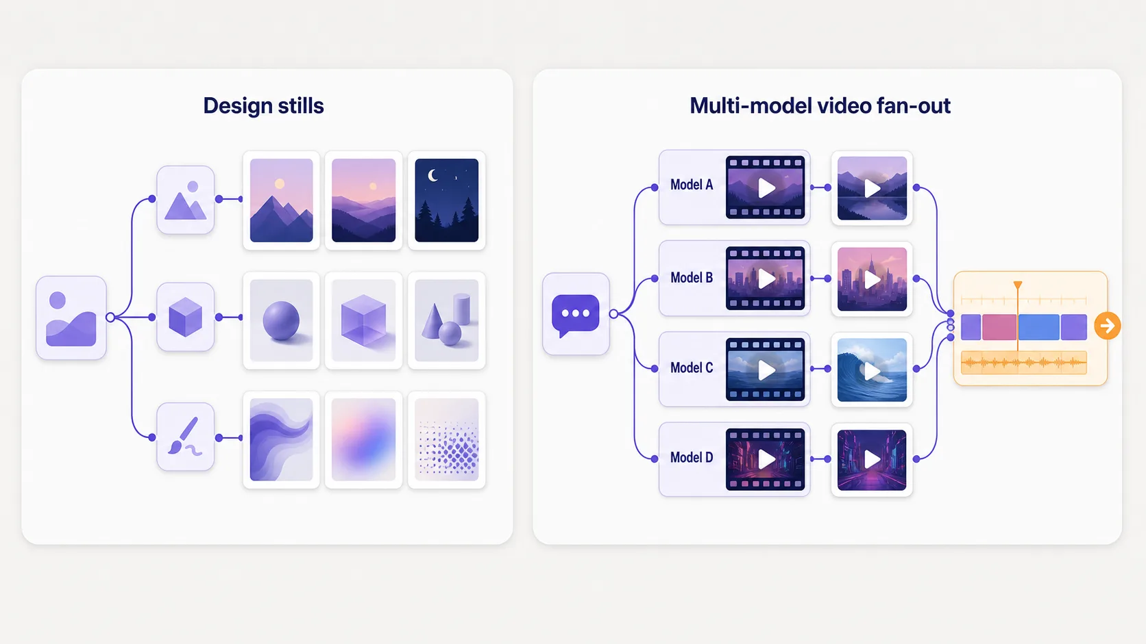 Side-by-side mock of Figma Weave generating still design assets versus Martini fanning one prompt across Sora 2, Veo 3.1, Kling 3, and Runway Gen-4 video nodes with an NLE export step