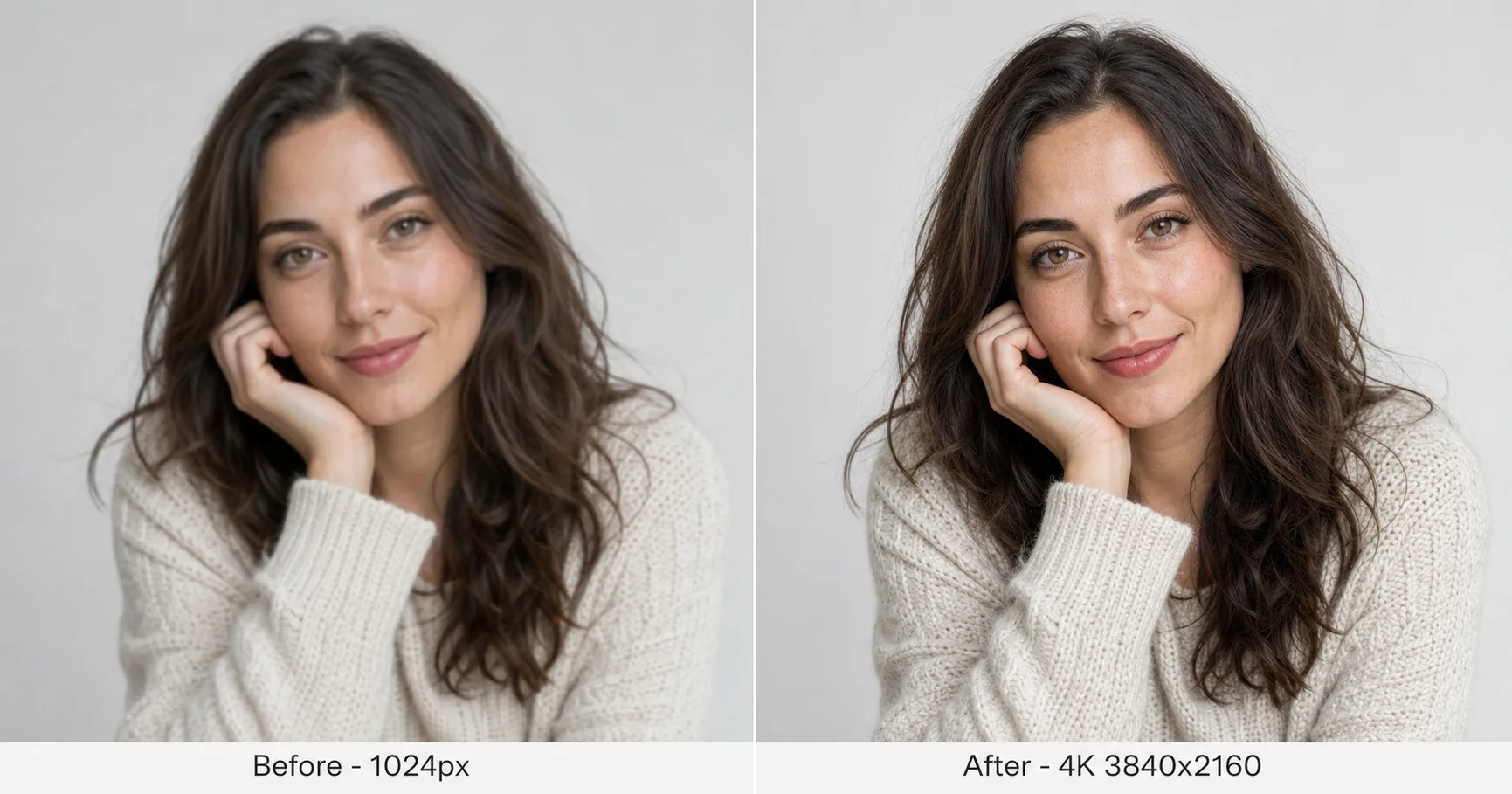 Before and after of an AI 4K upscale on the Martini canvas: a soft 1024px portrait on the left and a crisp 3840x2160 version on the right with restored skin, hair, and fabric detail