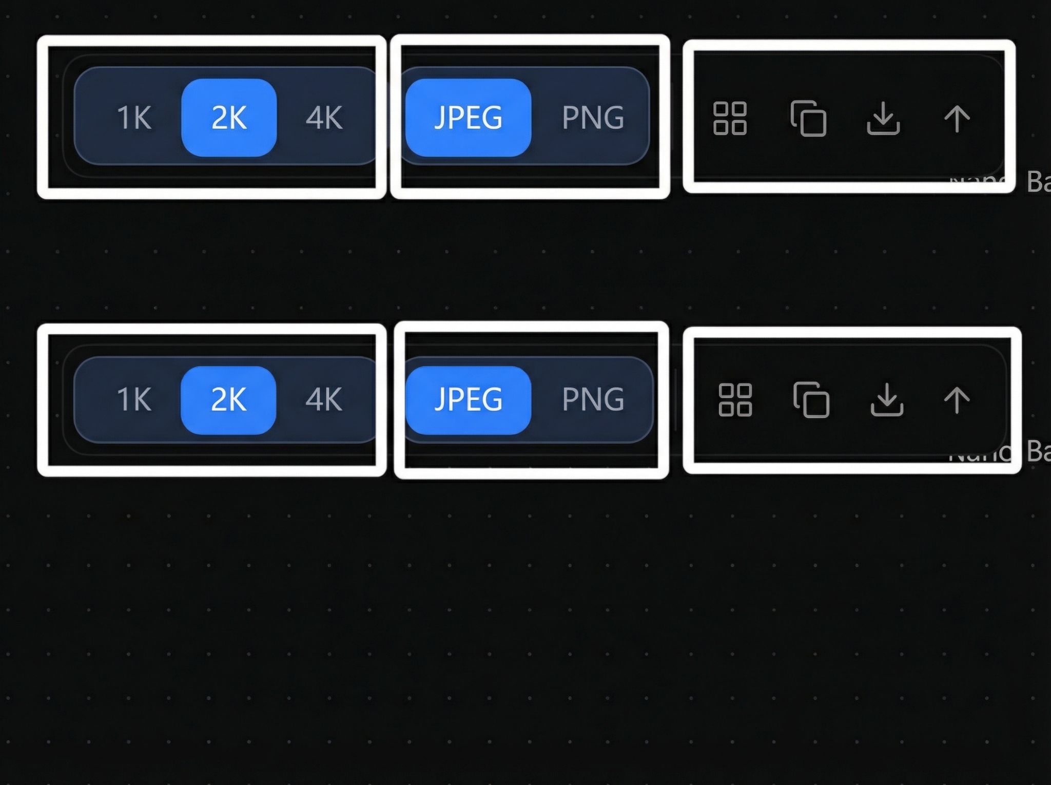 Model-specific controls for resolution format grid copy download and upscale