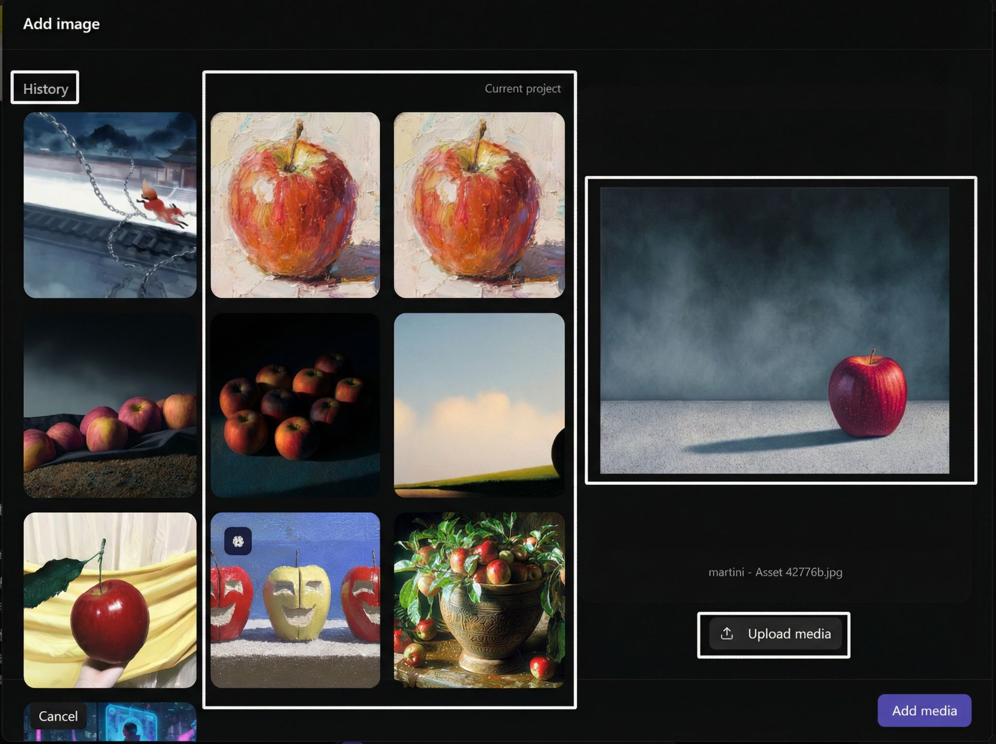 Upload button and asset library loading area in Image node